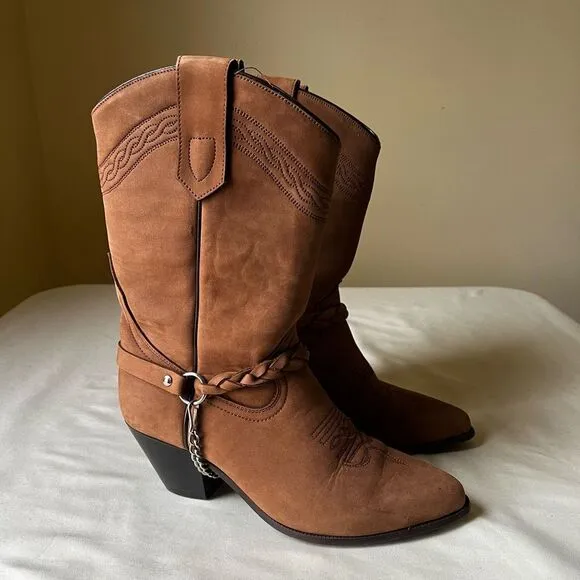 Vintage Acme Harness Chain Cowboy Boots Brown Suede Leather Mid Calf Women’s 7