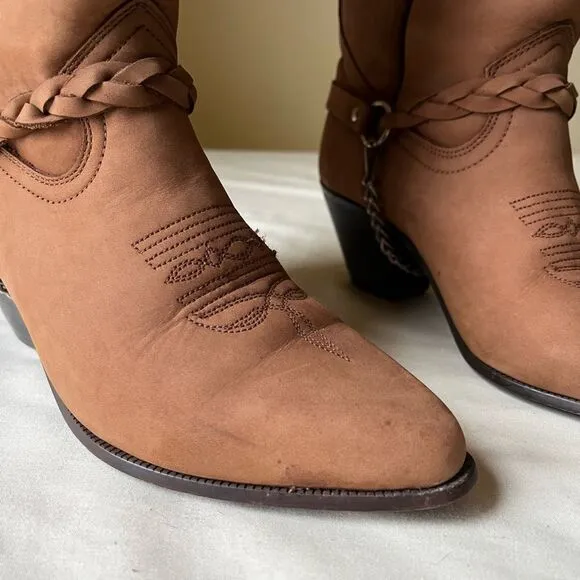 Vintage Acme Harness Chain Cowboy Boots Brown Suede Leather Mid Calf Women’s 7