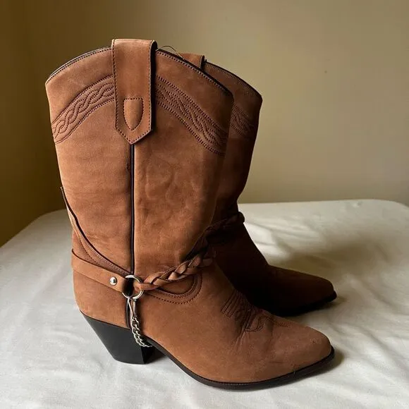 Vintage Acme Harness Chain Cowboy Boots Brown Suede Leather Mid Calf Women’s 7