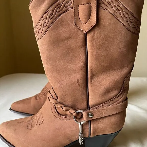 Vintage Acme Harness Chain Cowboy Boots Brown Suede Leather Mid Calf Women’s 7