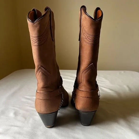 Vintage Acme Harness Chain Cowboy Boots Brown Suede Leather Mid Calf Women’s 7