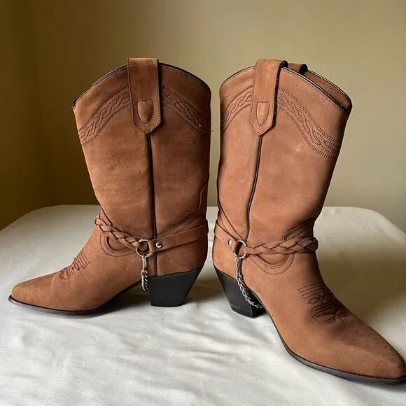 Vintage Acme Harness Chain Cowboy Boots Brown Suede Leather Mid Calf Women’s 7
