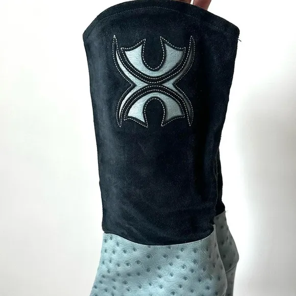 VINTAGE EXOTIC BLUE OSTRICH LEATHER WESTERN BOOTS SIZE-8 narrow