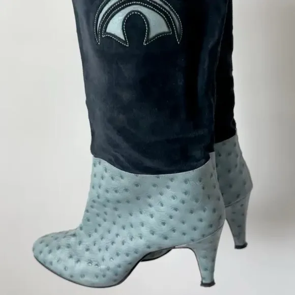 VINTAGE EXOTIC BLUE OSTRICH LEATHER WESTERN BOOTS SIZE-8 narrow