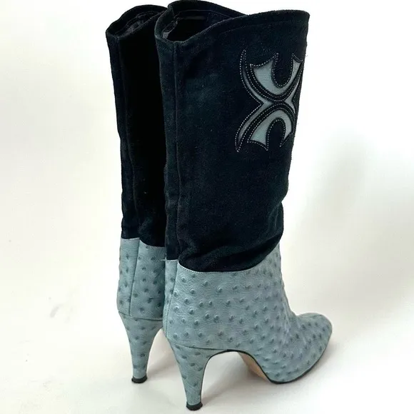 VINTAGE EXOTIC BLUE OSTRICH LEATHER WESTERN BOOTS SIZE-8 narrow