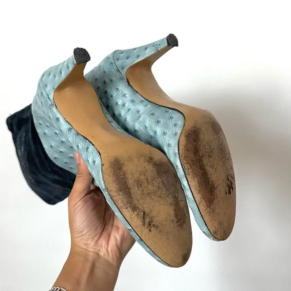 VINTAGE EXOTIC BLUE OSTRICH LEATHER WESTERN BOOTS SIZE-8 narrow