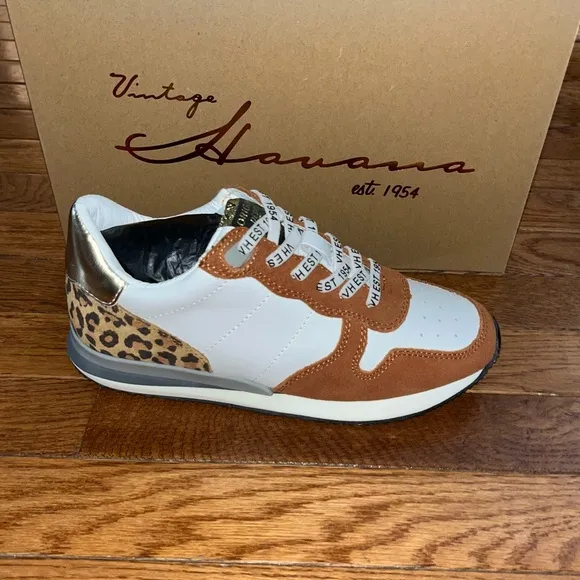 Vintage Havana Leather Valery Rust &amp; Leopard Detail Run Sneakers Women's Size 6