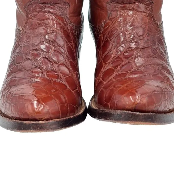 Vintage Justin Boots Mens 8 Exotic Brown Bias Cut Alligator Cowboy Western Boots