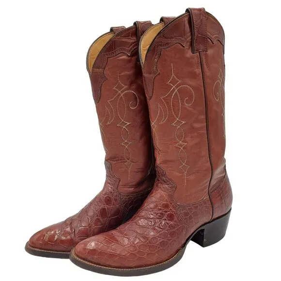 Vintage Justin Boots Mens 8 Exotic Brown Bias Cut Alligator Cowboy Western Boots