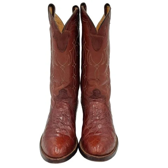 Vintage Justin Boots Mens 8 Exotic Brown Bias Cut Alligator Cowboy Western Boots