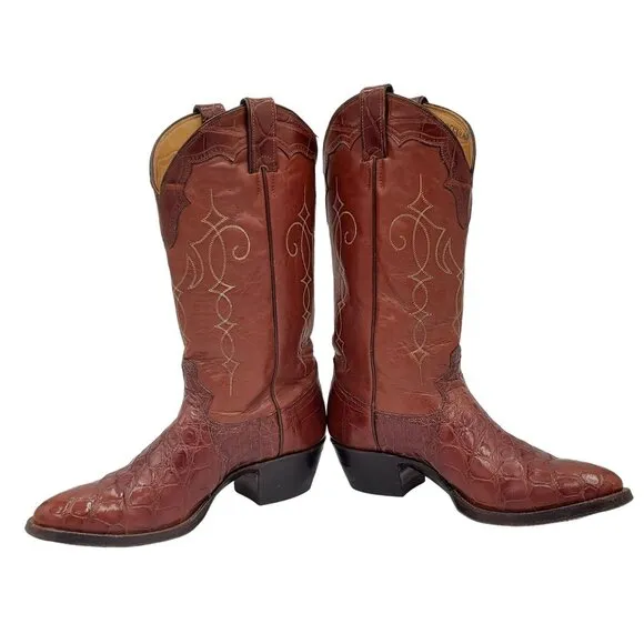 Vintage Justin Boots Mens 8 Exotic Brown Bias Cut Alligator Cowboy Western Boots