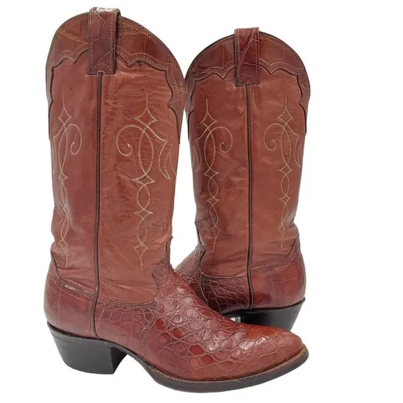 Vintage Justin Boots Mens 8 Exotic Brown Bias Cut Alligator Cowboy Western Boots