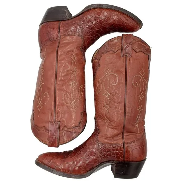 Vintage Justin Boots Mens 8 Exotic Brown Bias Cut Alligator Cowboy Western Boots