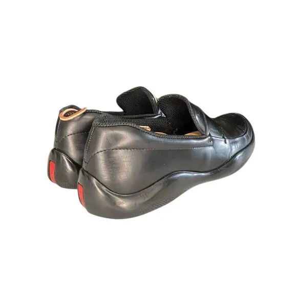 Vintage Mens Prada Leather Slip On Loafers Size 8 Black Rubber Soles