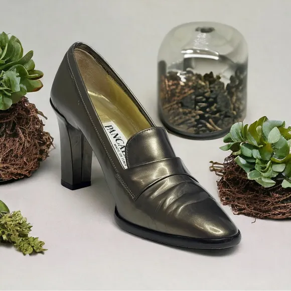 Vintage: Pancaldi ❁ Italian Leather Heeled Loafers ❁ Metallic Gunmetal ❁ 6M ❁