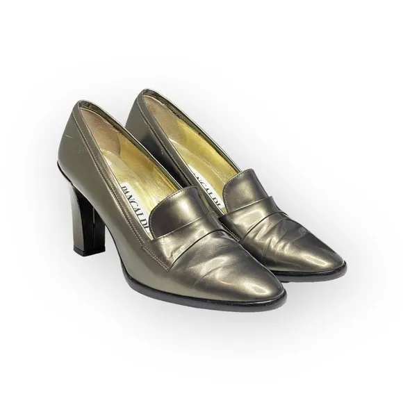 Vintage: Pancaldi ❁ Italian Leather Heeled Loafers ❁ Metallic Gunmetal ❁ 6M ❁