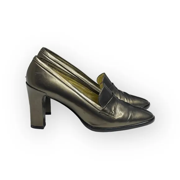 Vintage: Pancaldi ❁ Italian Leather Heeled Loafers ❁ Metallic Gunmetal ❁ 6M ❁