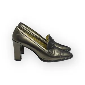Vintage: Pancaldi ❁ Italian Leather Heeled Loafers ❁ Metallic Gunmetal ❁ 6M ❁