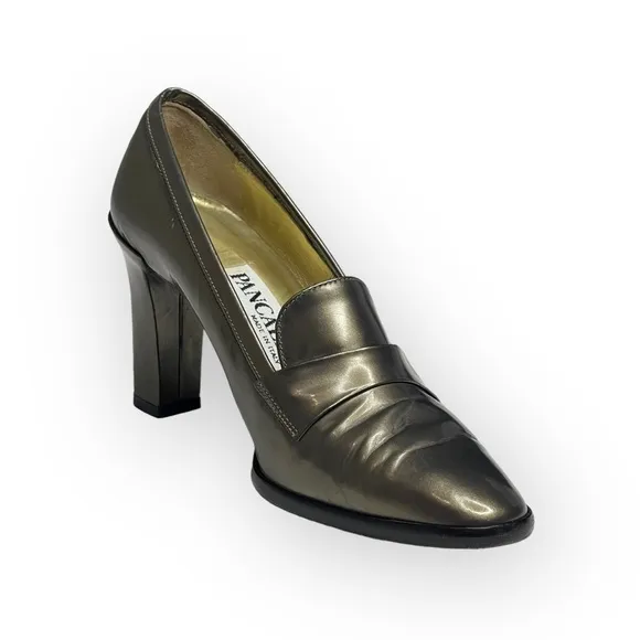 Vintage: Pancaldi ❁ Italian Leather Heeled Loafers ❁ Metallic Gunmetal ❁ 6M ❁
