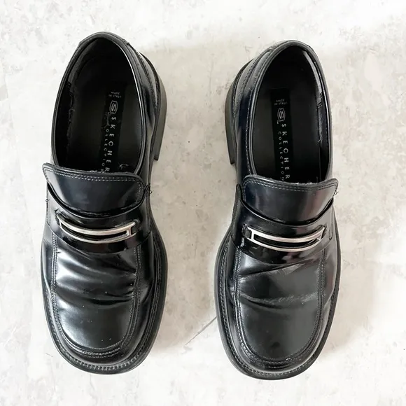 Vintage Y2K 90s Skechers Platform Loafer Black Leather 10 Chunky Menswear Grunge