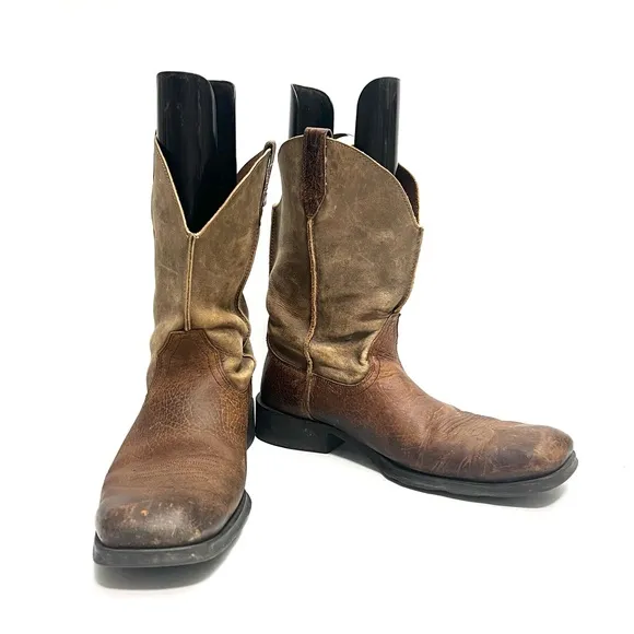 Vintage Y2K mens brown leather square toe western style pull on roper boots