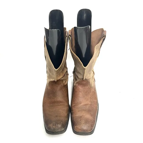 Vintage Y2K mens brown leather square toe western style pull on roper boots