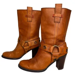 Vintage Y2K Tommy Hilfiger Size 7 Stack Heel Western Buckle Boots Mid Calf