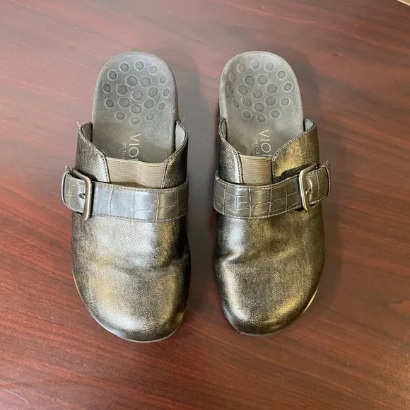Vionic buckle strap flats detail pewter metallic vegan slip ons mules for women