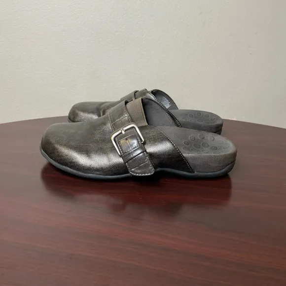 Vionic buckle strap flats detail pewter metallic vegan slip ons mules for women
