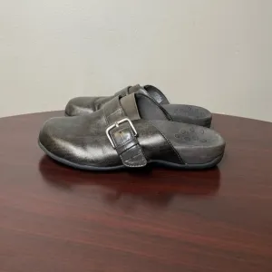 Vionic buckle strap flats detail pewter metallic vegan slip ons mules for women