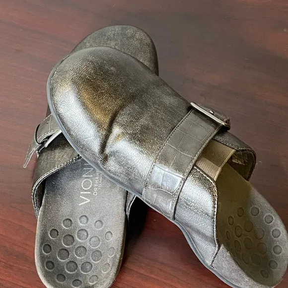 Vionic buckle strap flats detail pewter metallic vegan slip ons mules for women
