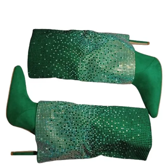 Vivianly Womens Pointed Toe Stiletto Heel Rhinestones Mid-Calf Boots Size 8