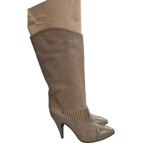 VTG 80s Mocha Italian Leather Dress Boots Heels Crystal Pleat Design Sz 8.5