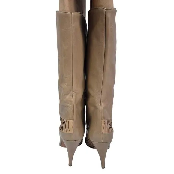 VTG 80s Mocha Italian Leather Dress Boots Heels Crystal Pleat Design Sz 8.5