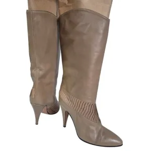 VTG 80s Mocha Italian Leather Dress Boots Heels Crystal Pleat Design Sz 8.5