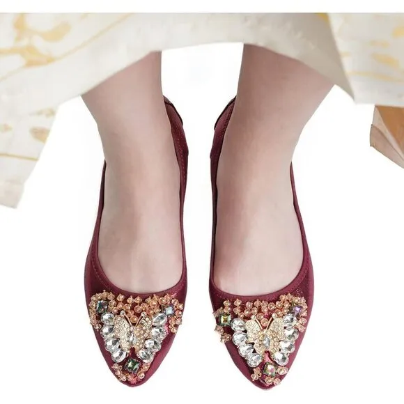 WAMBHC Ballet Flat Shoes Women's  Red Sequin Cute Rhinestones Bow Wedding Flats