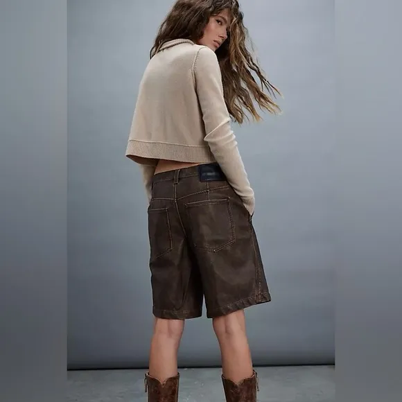We The Free Dylan Distressed Vegan Leather Long Shorts Low Slung Sz 25, 27 NEW