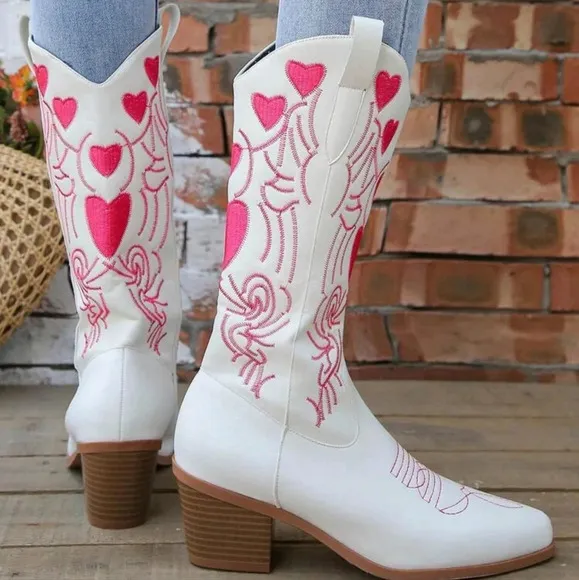 Western Style Knight Boots With Pointed Toe, Chunky Heels And Embroidered