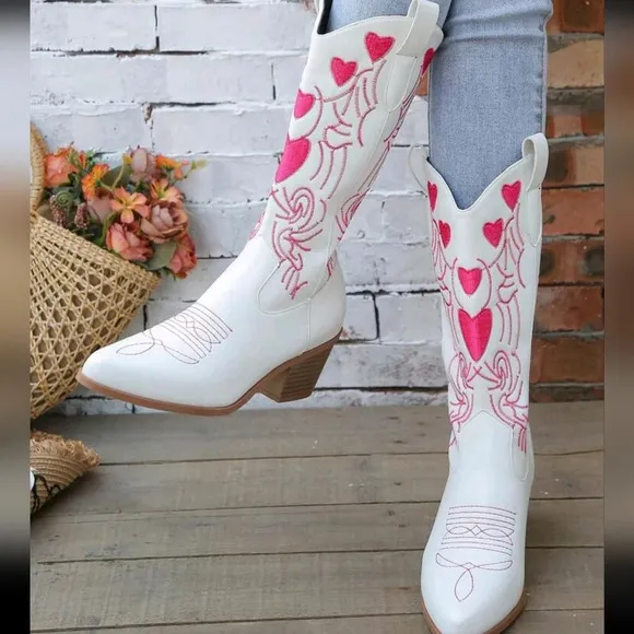 Western Style Knight Boots With Pointed Toe, Chunky Heels And Embroidered