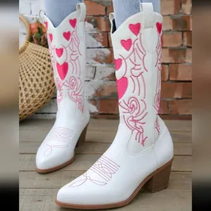 Western Style Knight Boots With Pointed Toe, Chunky Heels And Embroidered