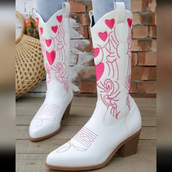 Western Style Knight Boots With Pointed Toe, Chunky Heels And Embroidered