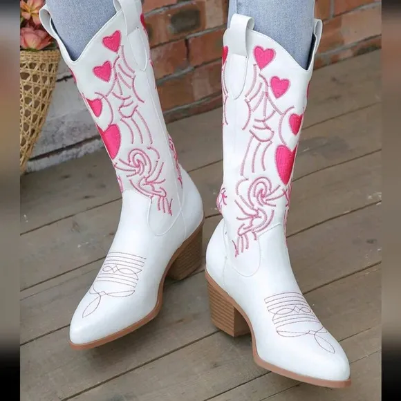 Western Style Knight Boots With Pointed Toe, Chunky Heels And Embroidered
