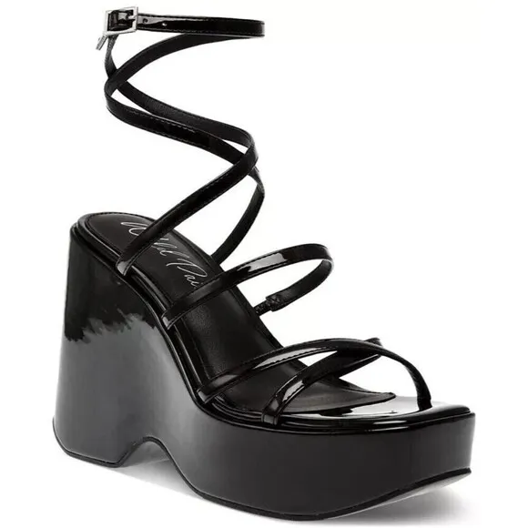 Wild Pair Women's Platform Wedge Sandals  Merina Strappy Black Patent Shiny 9.5