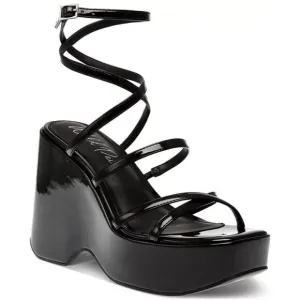 Wild Pair Women's Platform Wedge Sandals  Merina Strappy Black Patent Shiny 9.5