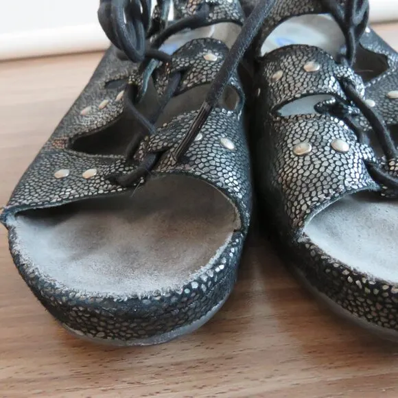 WOLKY Bombi Lace Up Leather Sandals in Black Silver Caviar - Size EU 38 / US 7