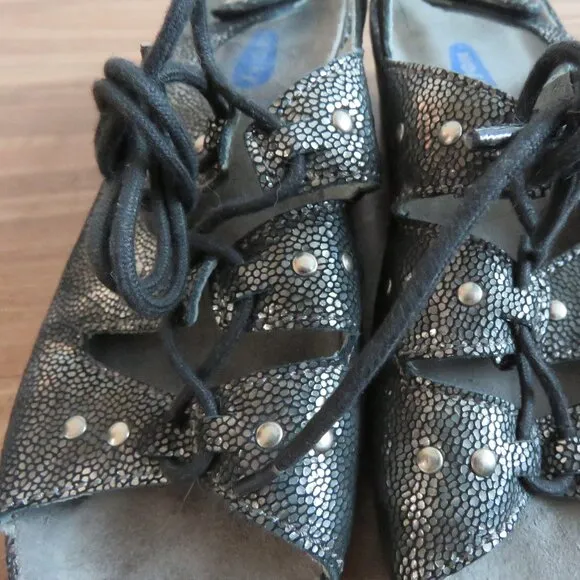 WOLKY Bombi Lace Up Leather Sandals in Black Silver Caviar - Size EU 38 / US 7
