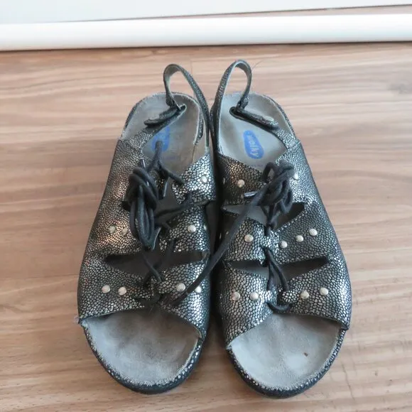WOLKY Bombi Lace Up Leather Sandals in Black Silver Caviar - Size EU 38 / US 7