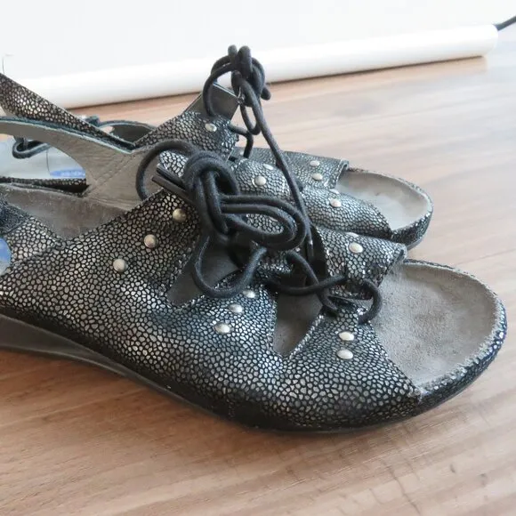 WOLKY Bombi Lace Up Leather Sandals in Black Silver Caviar - Size EU 38 / US 7