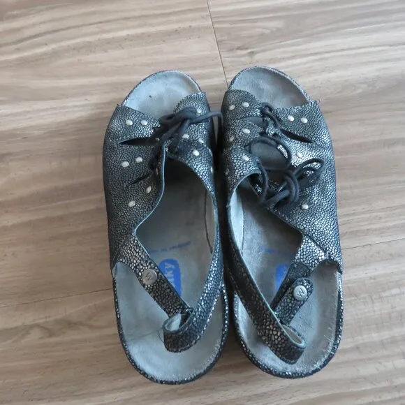 WOLKY Bombi Lace Up Leather Sandals in Black Silver Caviar - Size EU 38 / US 7