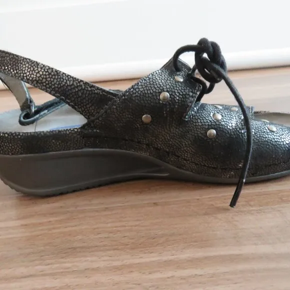 WOLKY Bombi Lace Up Leather Sandals in Black Silver Caviar - Size EU 38 / US 7